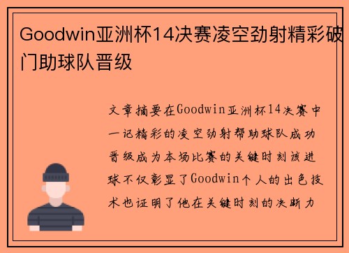 Goodwin亚洲杯14决赛凌空劲射精彩破门助球队晋级